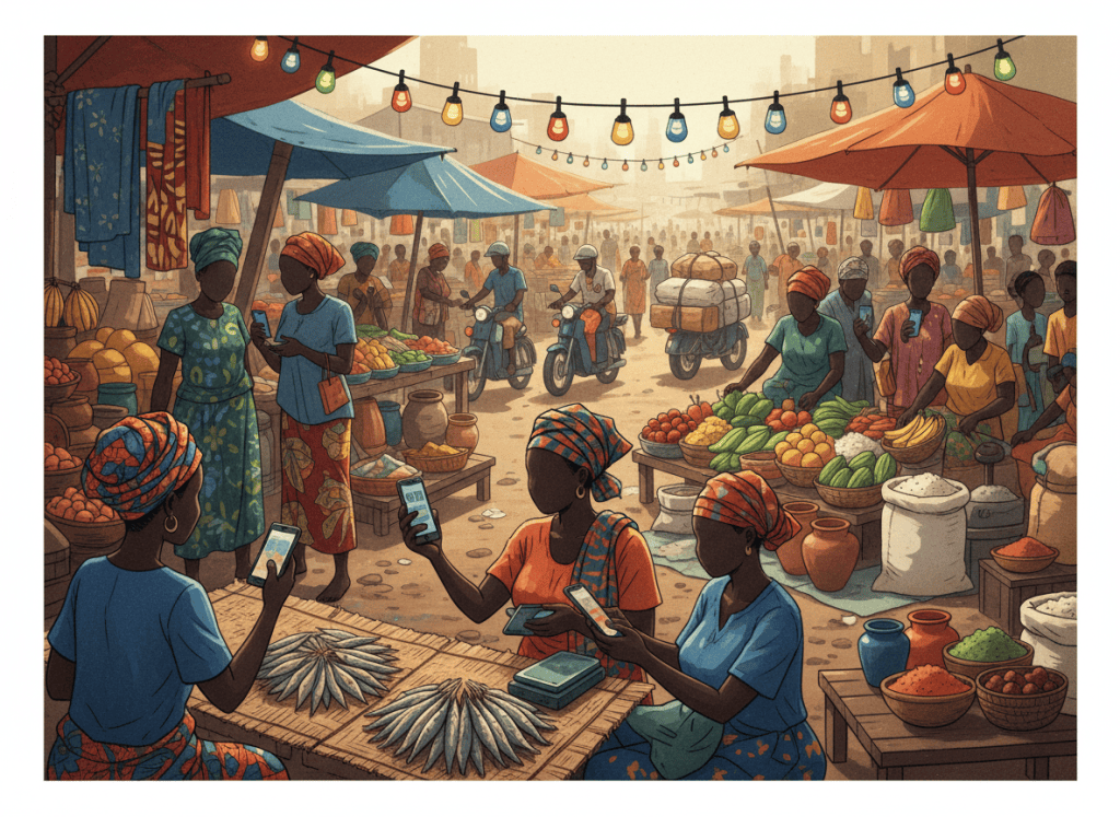 Illustration éditoriale d’un marché et de petits commerces en Guinée