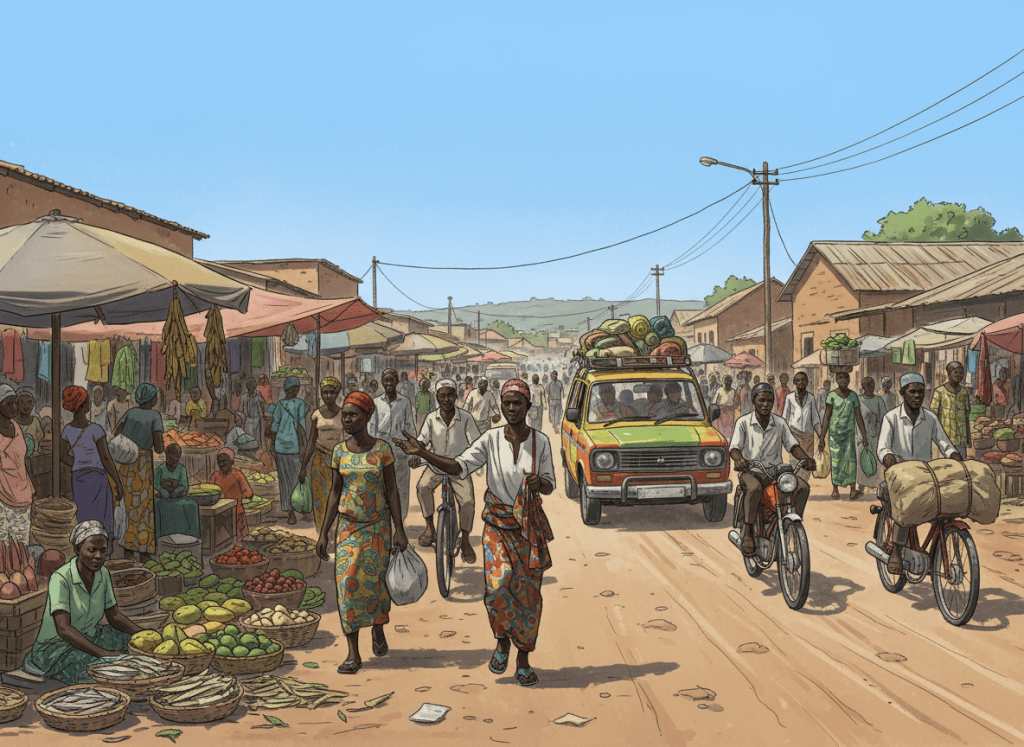 Illustration éditoriale d’une scène de vie quotidienne à Mamou