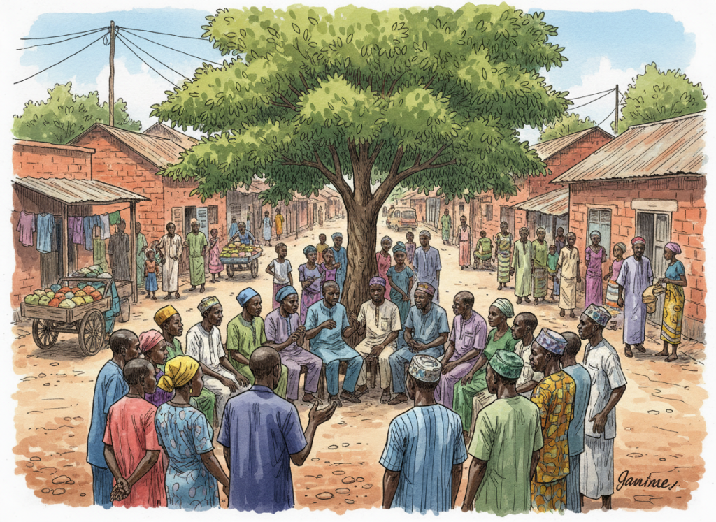 Illustration éditoriale d’une réunion communautaire dans un quartier de Mamou