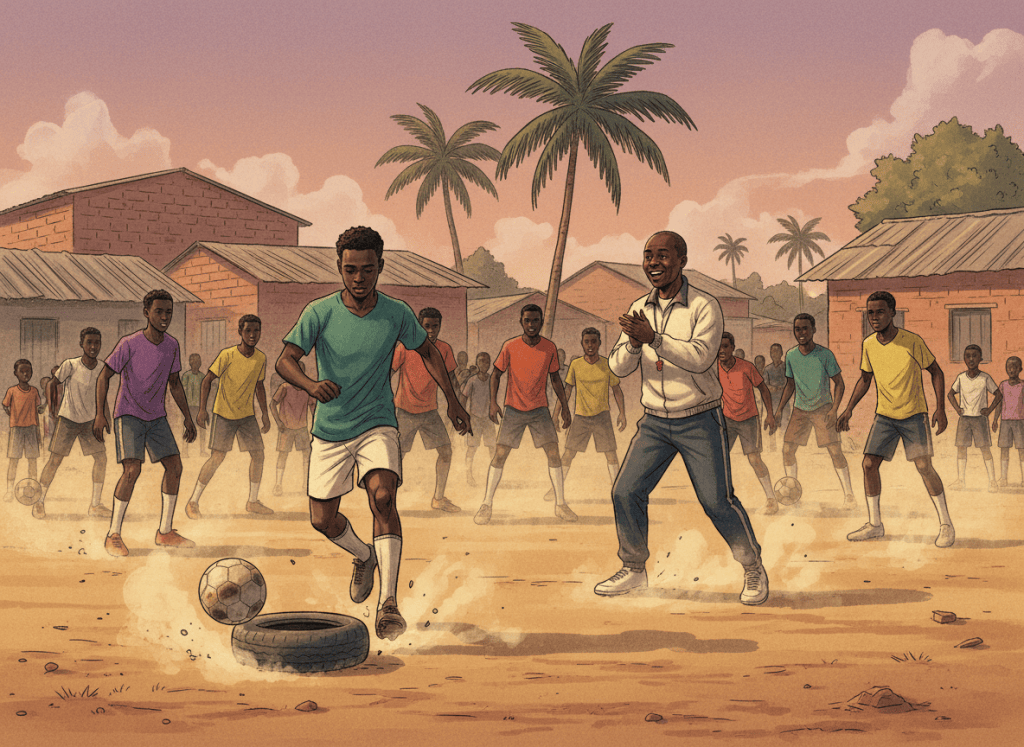 Illustration éditoriale d’un entraînement de football sur un terrain local en Guinée